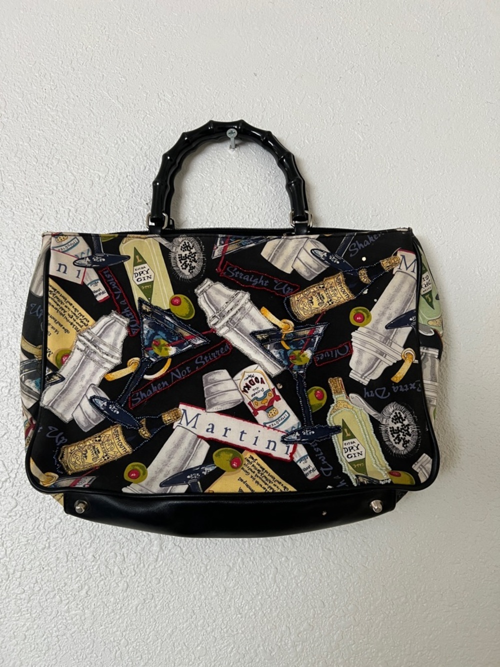 Martini Print Black Tote Bag with Bamboo Plastic Handles